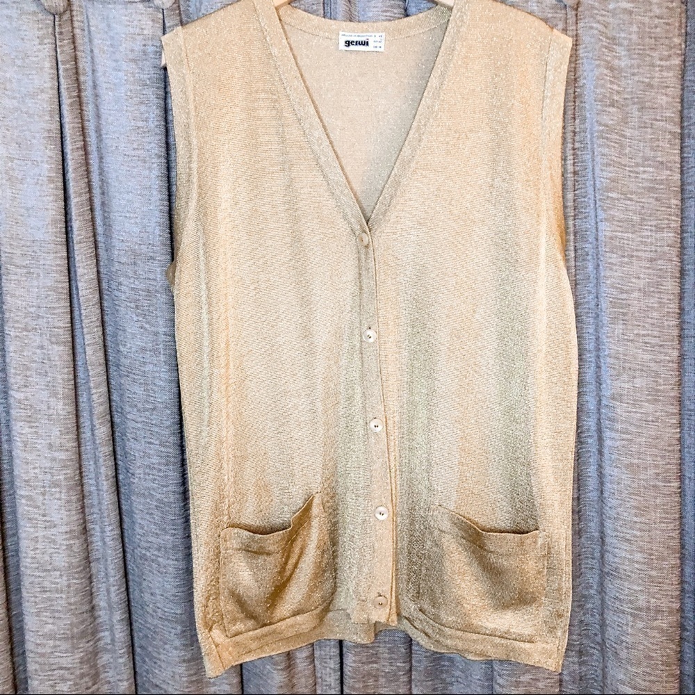 Vintage Gerwi Gold Metallic Button Down Front Sweater Vest Size 14